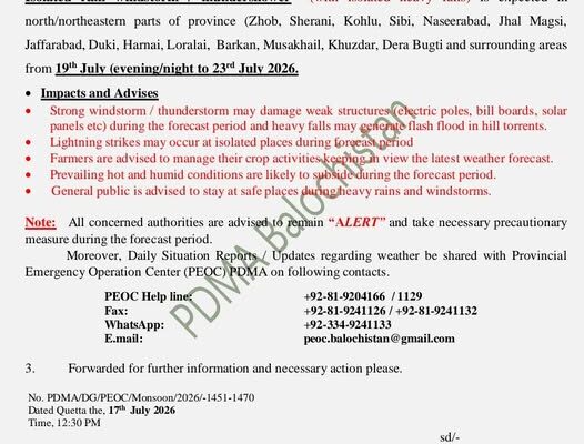بلوچستان میں 23 جولائی تک بارشوں اور فلیش فلڈ کا خدشہ، پی ڈی ایم اے نے الرٹ جاری کر دیا