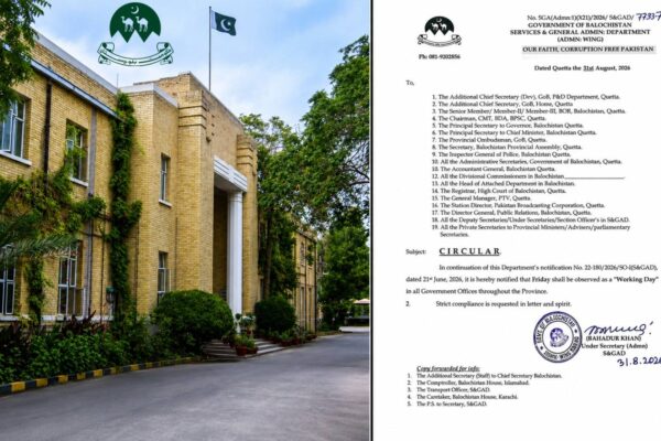 بلوچستان کے سرکاری دفاتر میں جمعہ بھی ورکنگ ڈے قرار، ہفتہ وار تعطیلات کا شیڈول تبدیل
